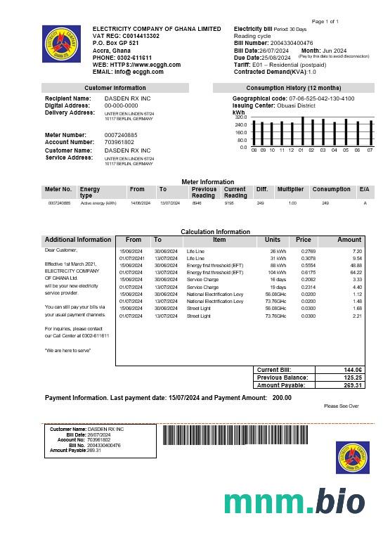 Ghana Electricity Company of Ghana rachunek za usługi komunalne szablon w formatach Word i PDF